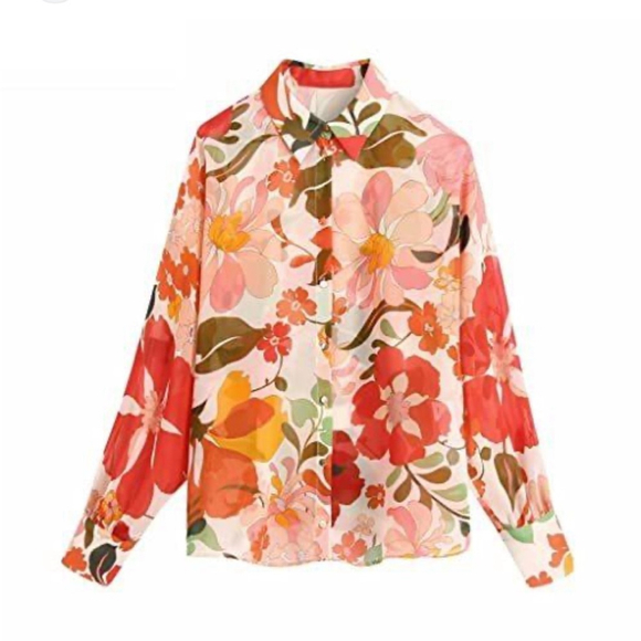 Zara Tops - Zara Floral Button Down Shirt - Red, Pink, Green